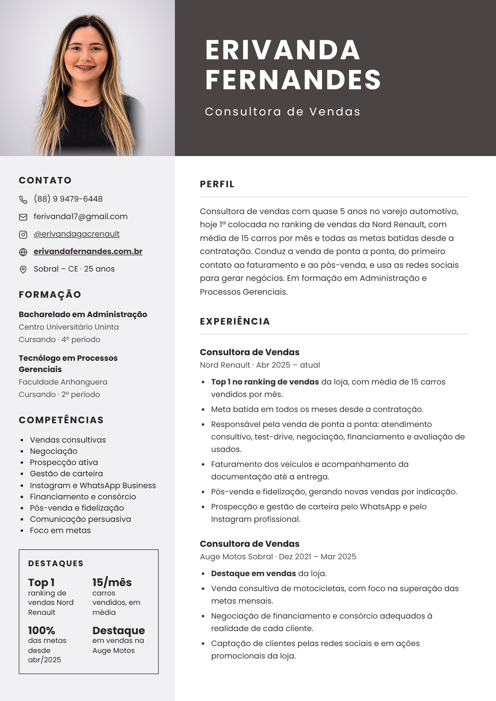 Currículo de Erivanda de Aguiar Fernandes, Consultora de Vendas